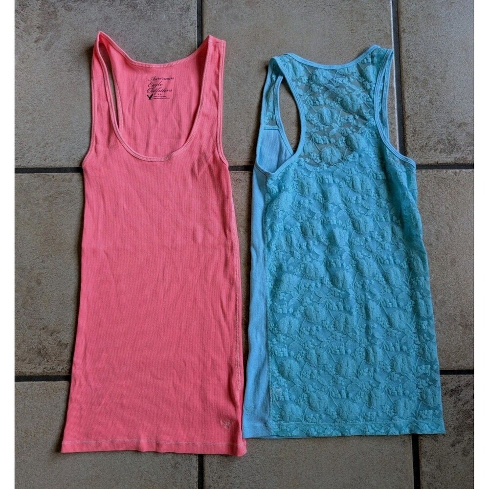 American Eagle Y2K Lot 2 Pink & Blue Scoop Neck Lace Back Tanks Top Small Preppy